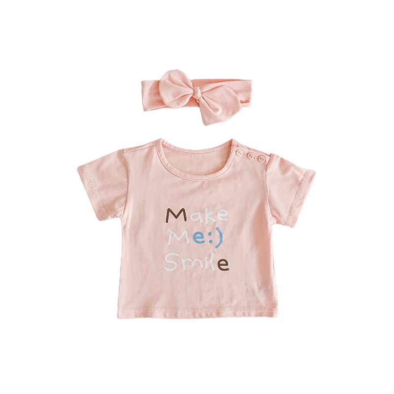 2022 0-20m me fazer sorrir infantil bebê menina camiseta doce carta impressão manga curta em torno do pescoço algodão t + arco bandana verão 2 pçs: B / 20M