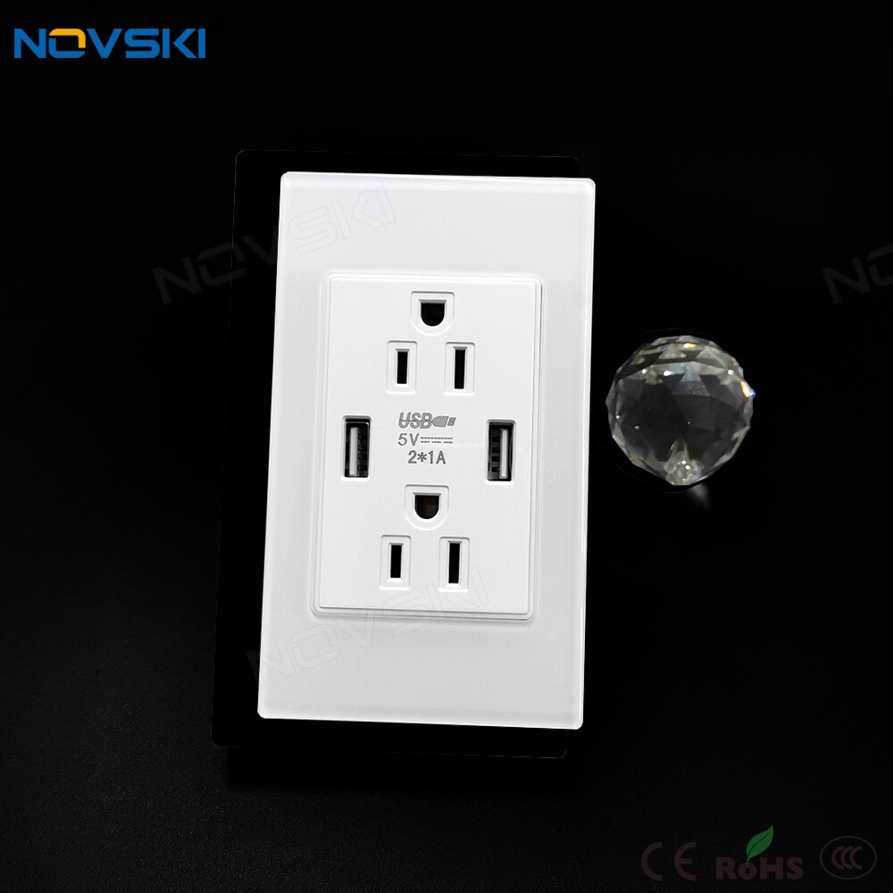 Luxury 2.5D Crystal Glass Panel Wall Socket Multi Function,15 Amp US Universal Standard Duplex Receptacle, 110v-250v Adaptable