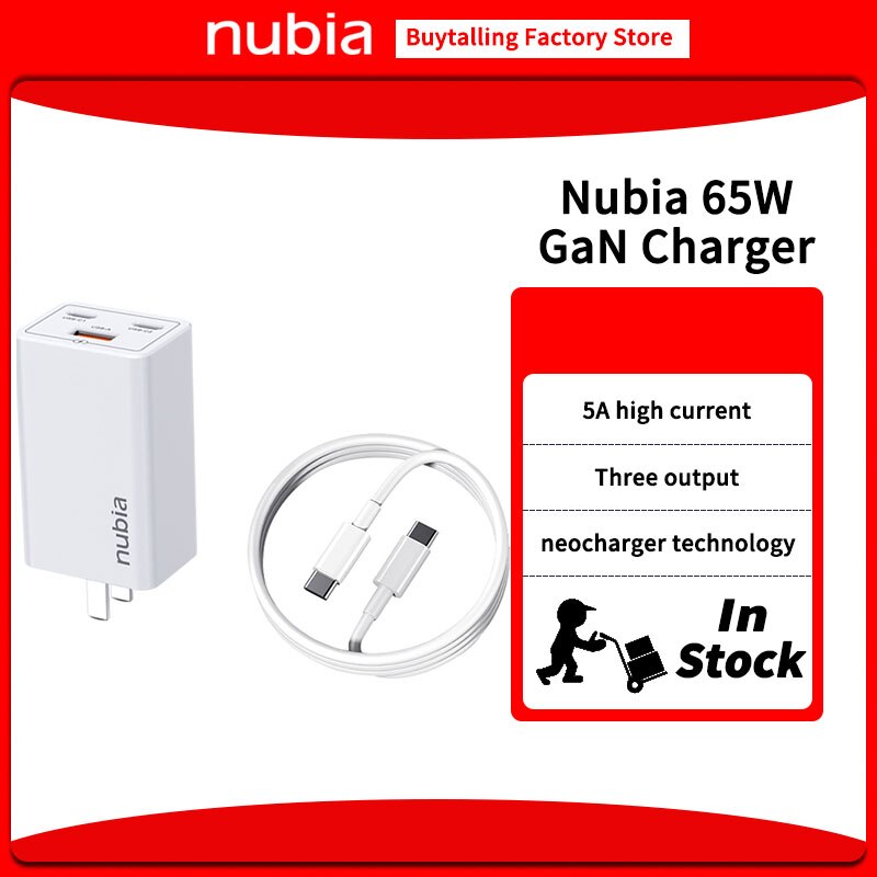 Original Nubia 65W GaN Quick Charger Adapter 100W 5A Cable for nubia RedMagic 6R 6 Pro 6S Pro Phone MAX output 65W PD Charger