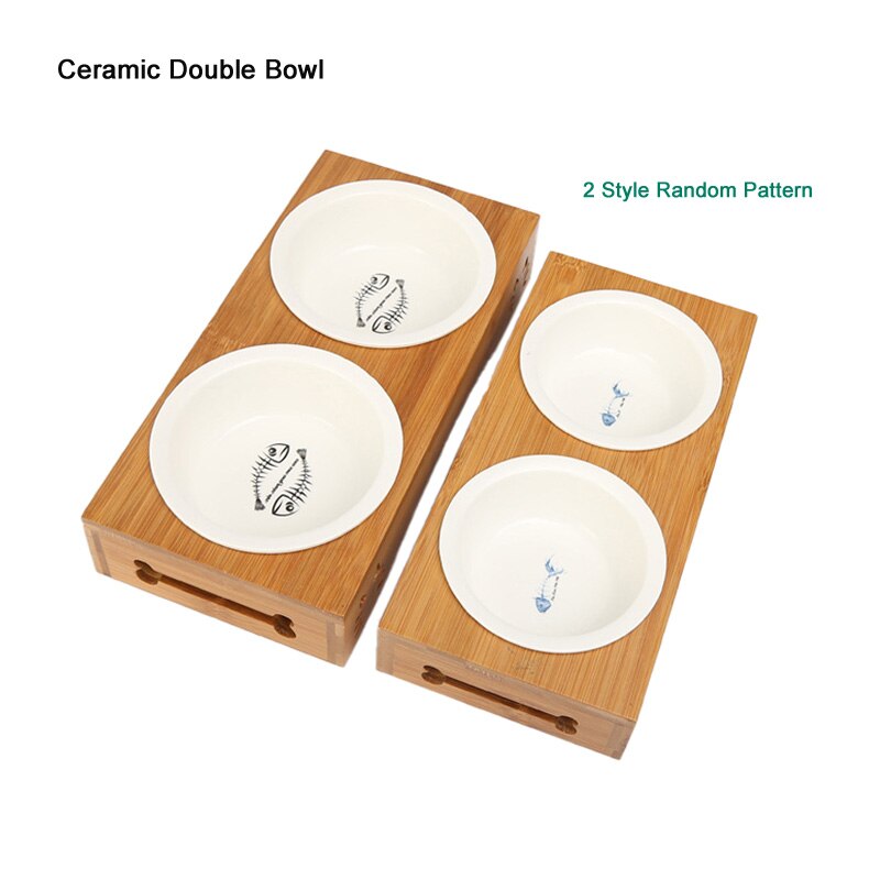 Pawstrip pet dubbele hondenkom, bamboe, roestvrij staal, keramische kattenbak, hondenvoerbak, voerbak, waterbak voor honden, dierenwinkel: Keramische dubbele kom / S
