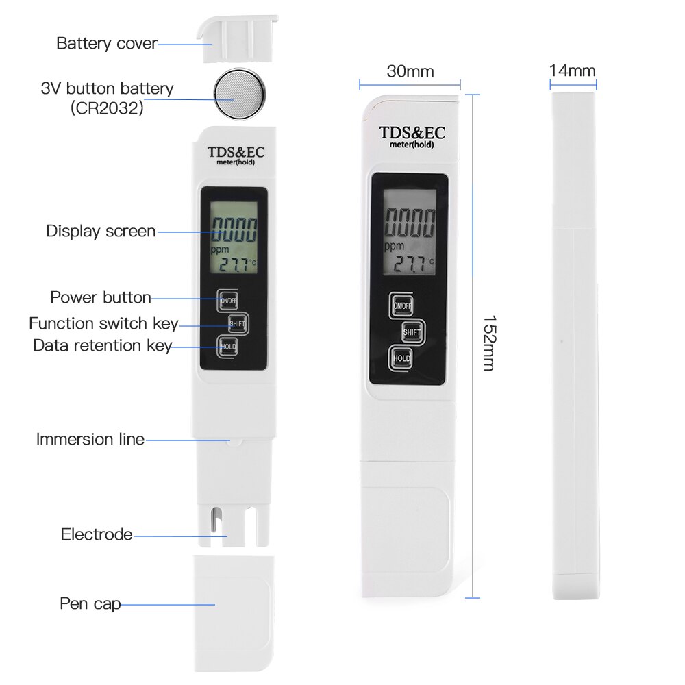 TDS/EC Meter Conductivity Pen Water Purity Horticulture Test Pen EC Meter ATC Temperature Meter TEMP PPM Tester