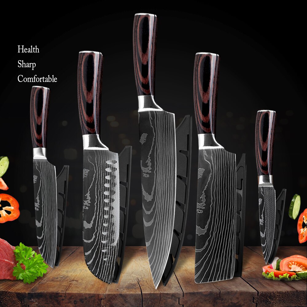 Damask Kitchen Chef Knives Set 7CR17 High Carbon Stainless Steel Sharp Utility Santoku Boning Damascus Pattern Cooking Tools: 5pcs Set