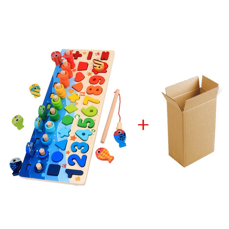 Montessori Educational Wooden Toys For kids Board Math Fishing Count Numbers Matching Digital Shape Match Early Education Toy: With box