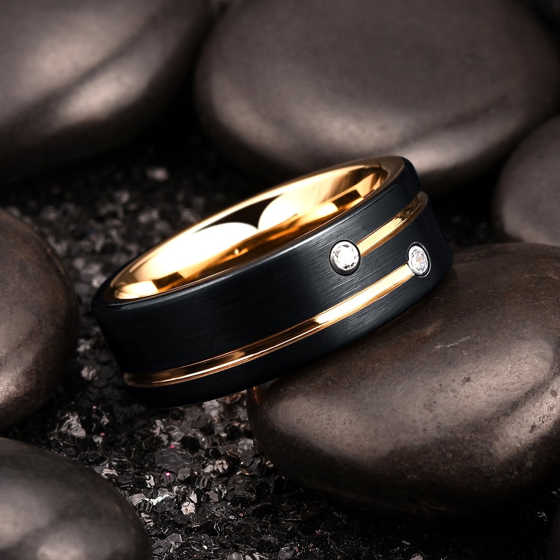 8Mm Heren Zwart Geborsteld Tungsten Ring Zirkoon Ingelegd Gold Gegroefde Lijn Mode Mannen Wedding Band Sieraden size