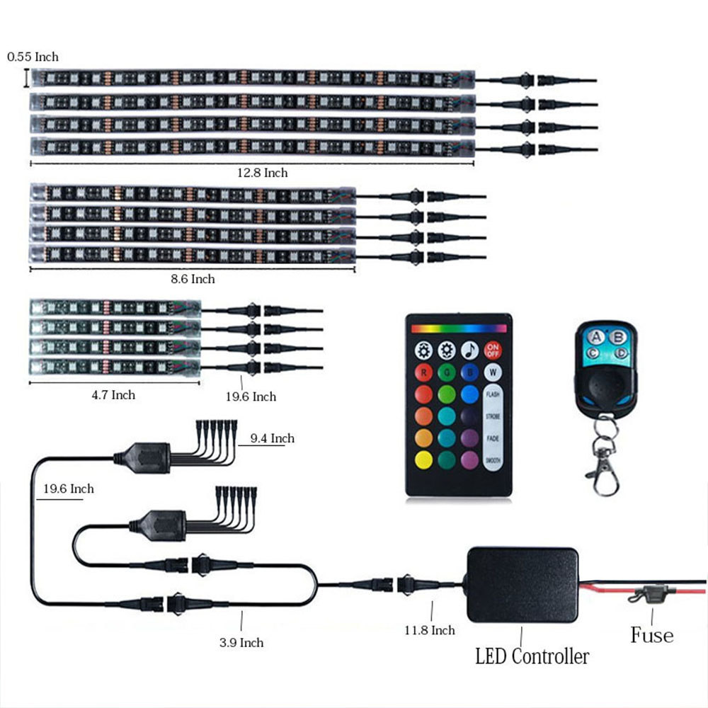 Motorcycle LED Light Kit Strips 5050 RGB Colorful Atmosphere Lights 12PCS Waterproof Light Strip Voice Control RF Wireless Remot