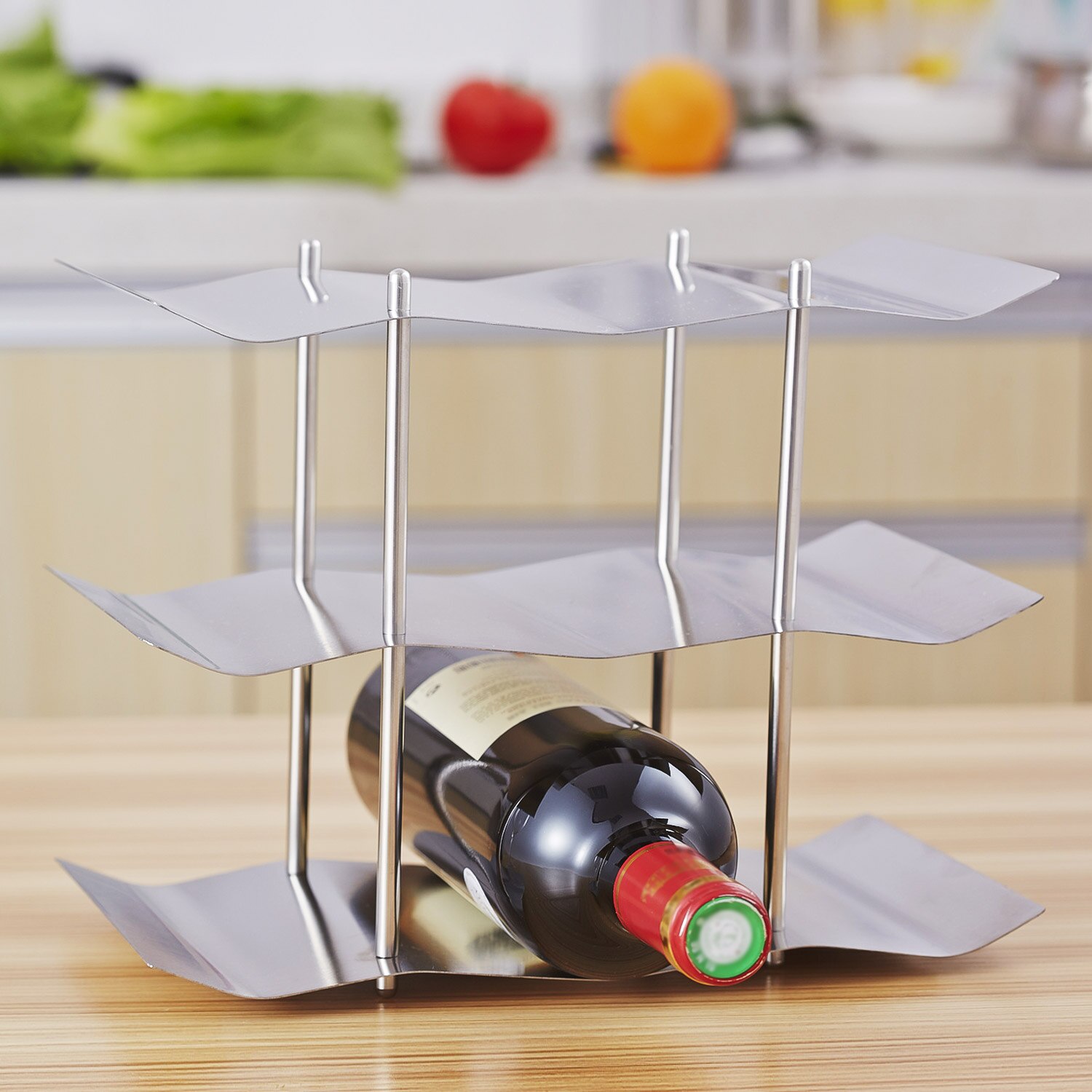 Cremagliera del vino 3 Tiers 9 bottiglie di Cucina In Acciaio Inox Da Tavolo Controsoffitto Freestanding Onda di Vino Cremagliera Mensola di Esposizione del Supporto Del Vino