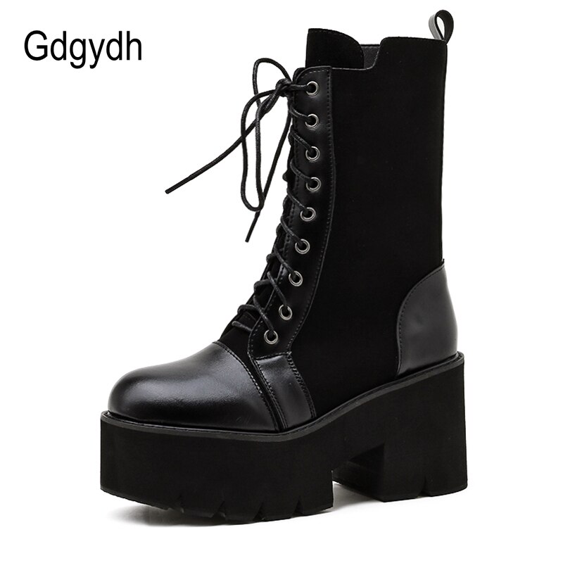 Gdgydh-Botas de estilo gótico para mujer, zapatos femeninos con plataforma de tacón, de cuero negro, botas de media caña con cordones,