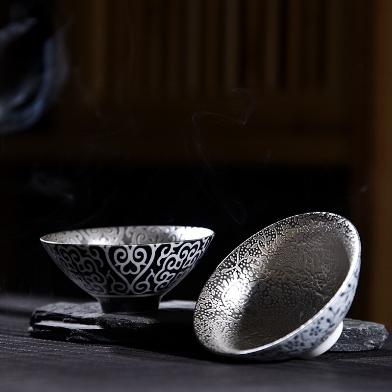 999 Pure Silver Tea Cup Ceramic Tea Cup Inlaid with Silver Cup Kung Fu Tea Bowl Handmade Silver Plated Cup