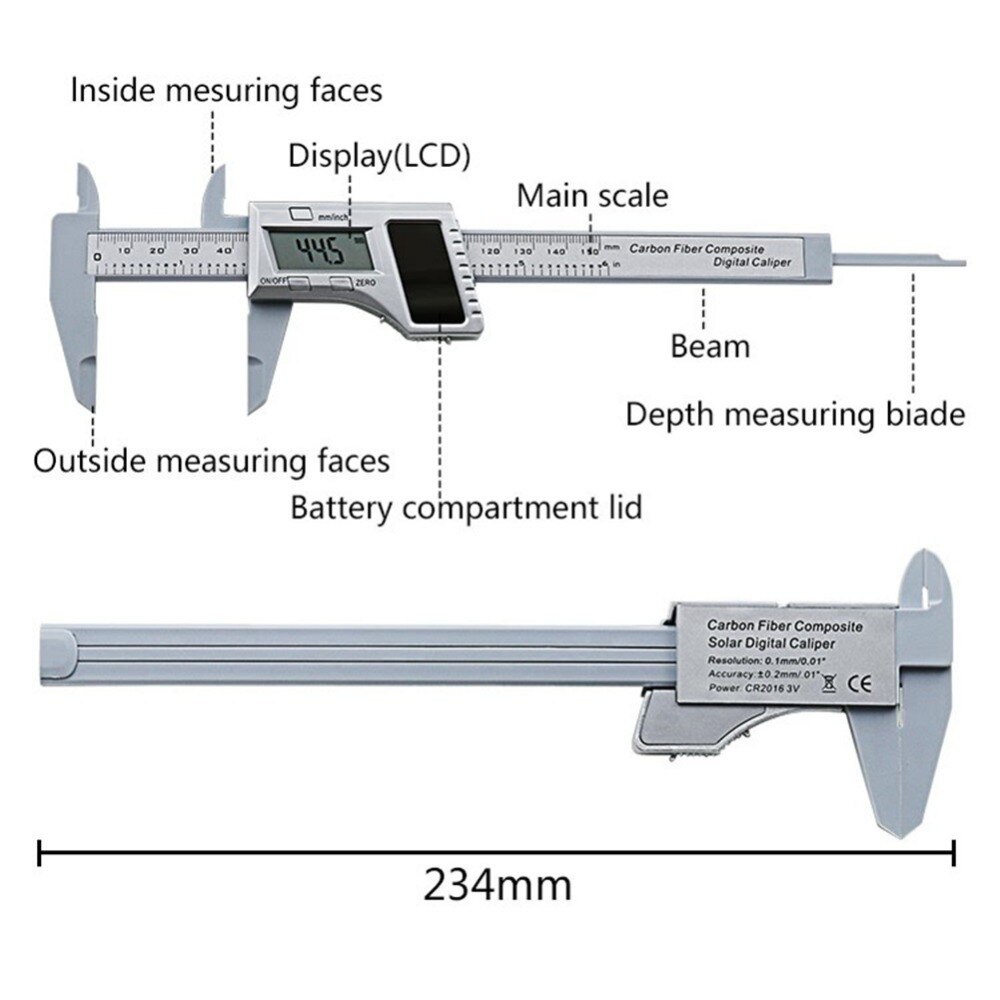 Solar Power Vernier Digital Caliper 150mm 6" Inch Carbon Fiber Composite Digital Caliper Mini Callipers Play Jewelry Measurement