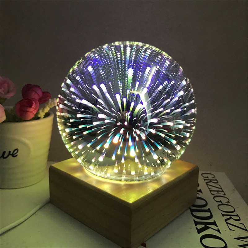3d gennemsigtige glasbold natlys magiske farverige fyrværkeri lys massivt træ base festival atmosfære lampe