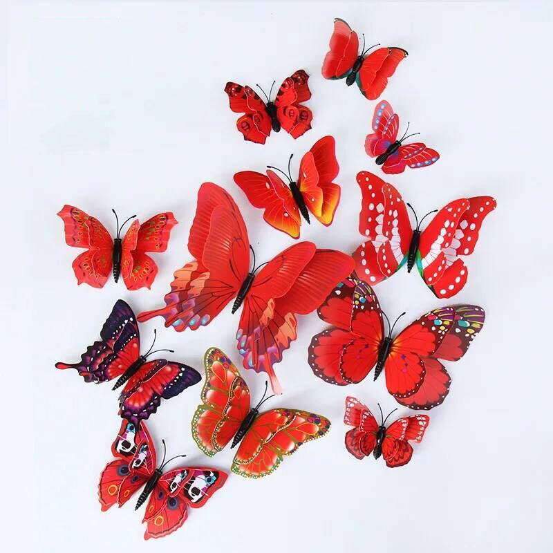 3D Vlinder Magneet Muur Sticker 12 Stuks Multicolor Dubbele Laag Vleugels Creatieve Butterflie Woondecoratie Accessoires 3D Stickers: Red