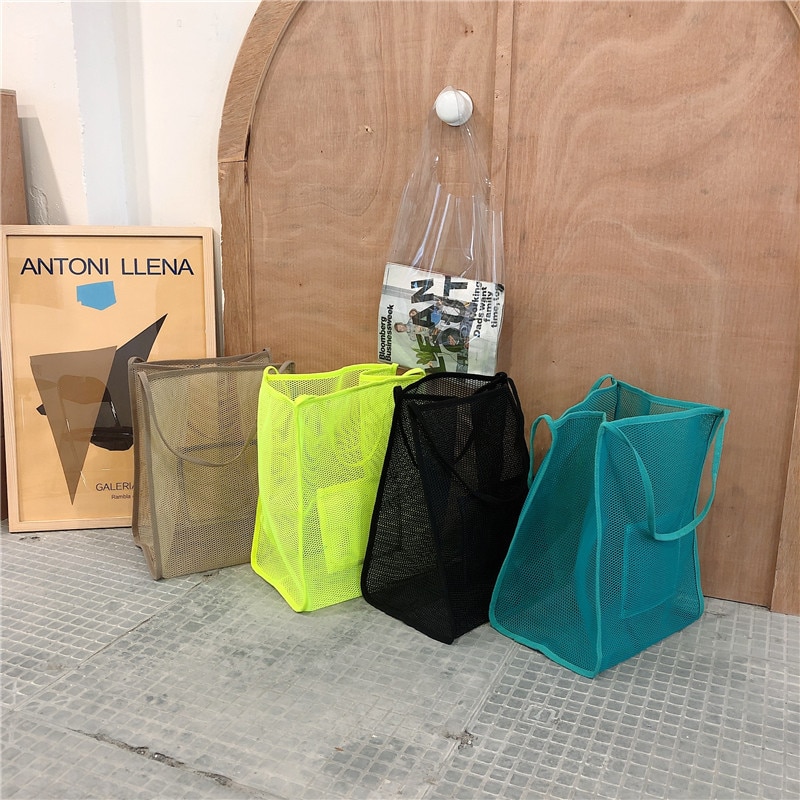 Kvinner mesh veske damer sammenleggbare shopping skuldervesker gjenbrukbar daglig bruk strandveske lys stor uformell tote