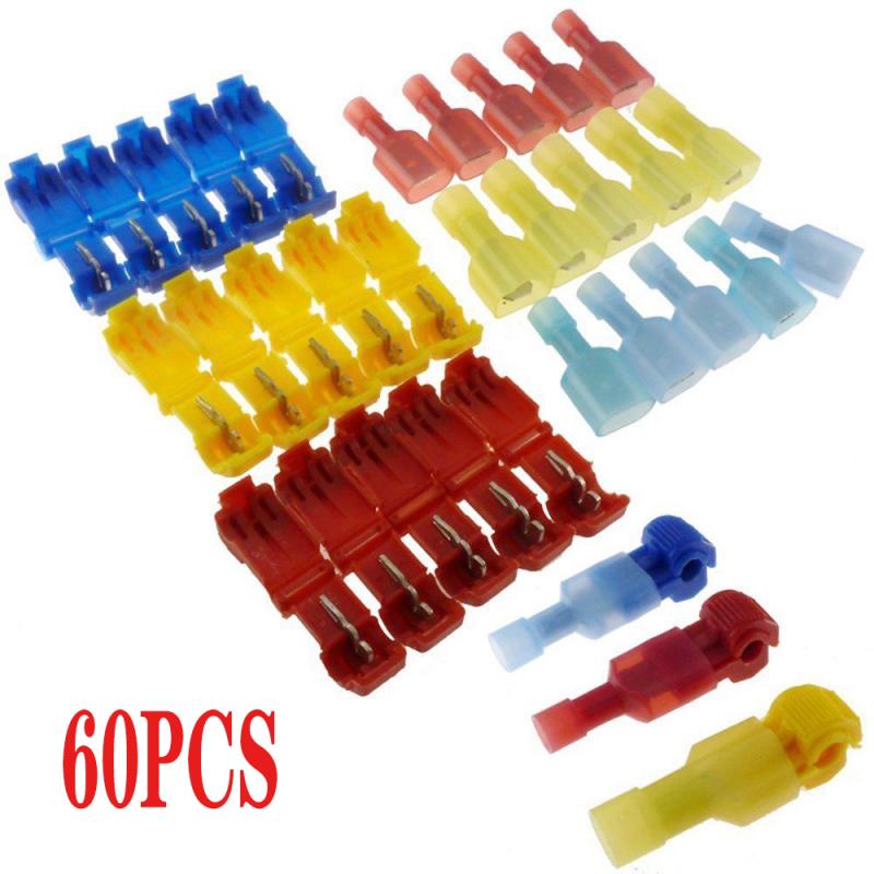 Quick Electrical Cable Connectors Snap Splice Lock Wire Crimp Terminals T-Taps/Male Insulated Wire Terminal Connectors Kit Set: 60pcs
