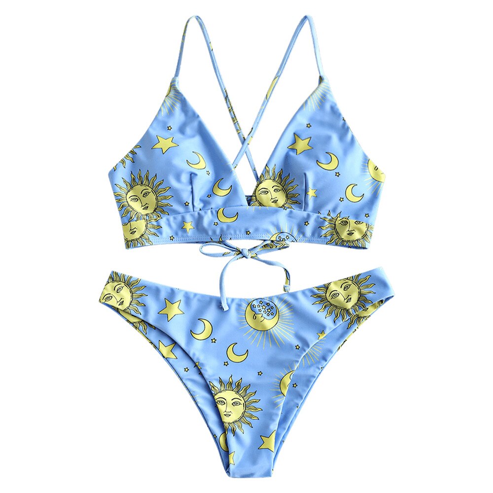 ZAFUL Stern Sonne Mond Spitze hoch Bikini einstellen Spaghetti-trägern Draht Freies Schwimmen Anzug Frauen Sommer Badeanzug hoch schneiden gepolsterte Bademode: Multi c / L