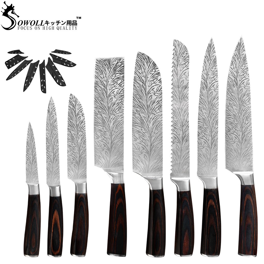 Sowoll couteaux porte-couteau mural magnétique | Ensemble de couteaux de Chef de cuisine, lame tranchante en acier inoxydable, porte-couteau damas veines lame tranchante
