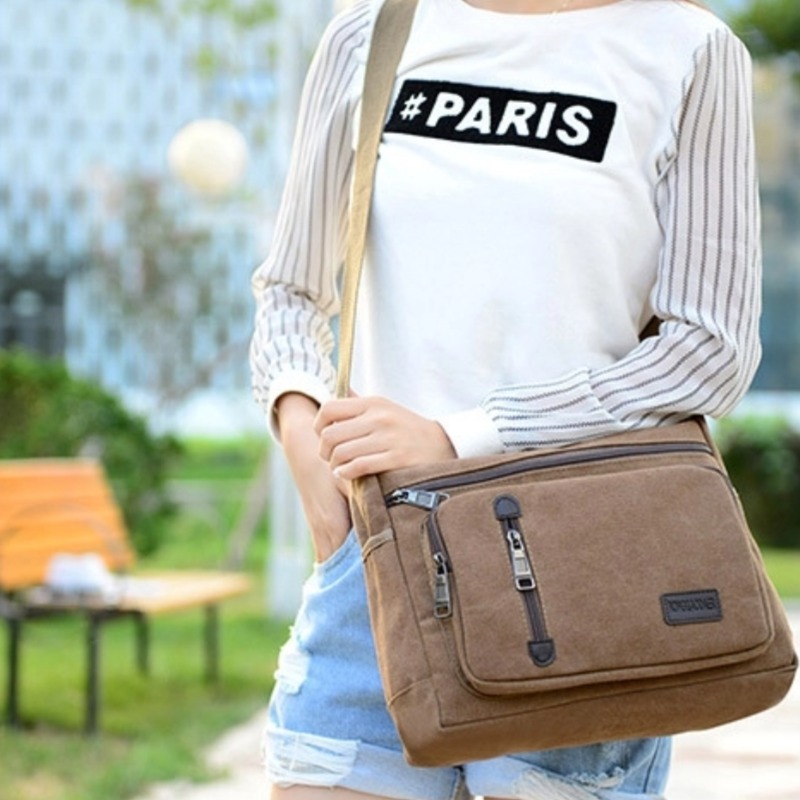 Canvas schoudertas voor flessen, heren en dames, casual, eenvoudig, retro, crossbody, vierkant, meerlaags