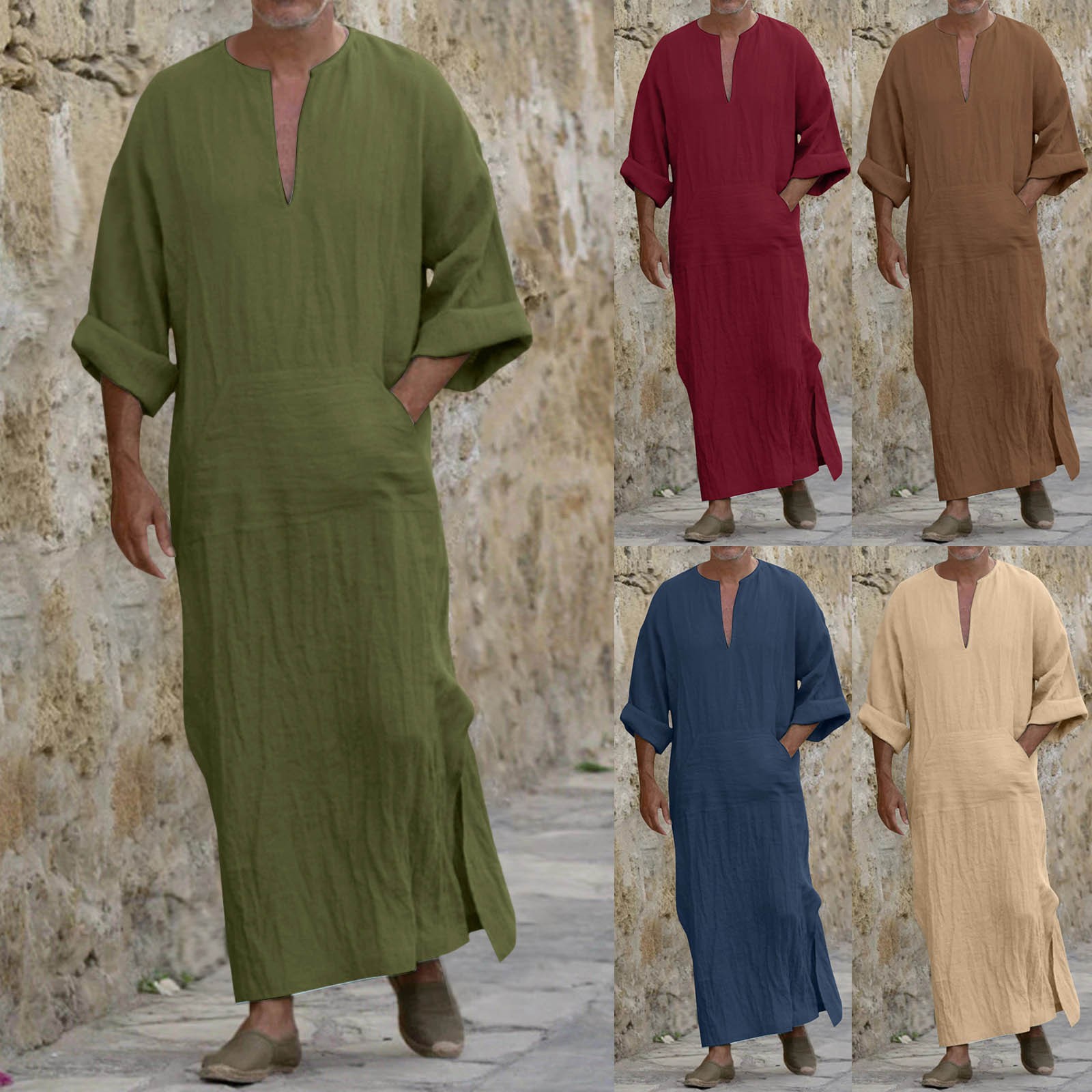 Men's Muslim Jubba Thobe Ramadan Long Robe Kaftan Dubai Abaya Eid Ramadan Robes Moroccan Arabic Outfits Male Prayer Clothes