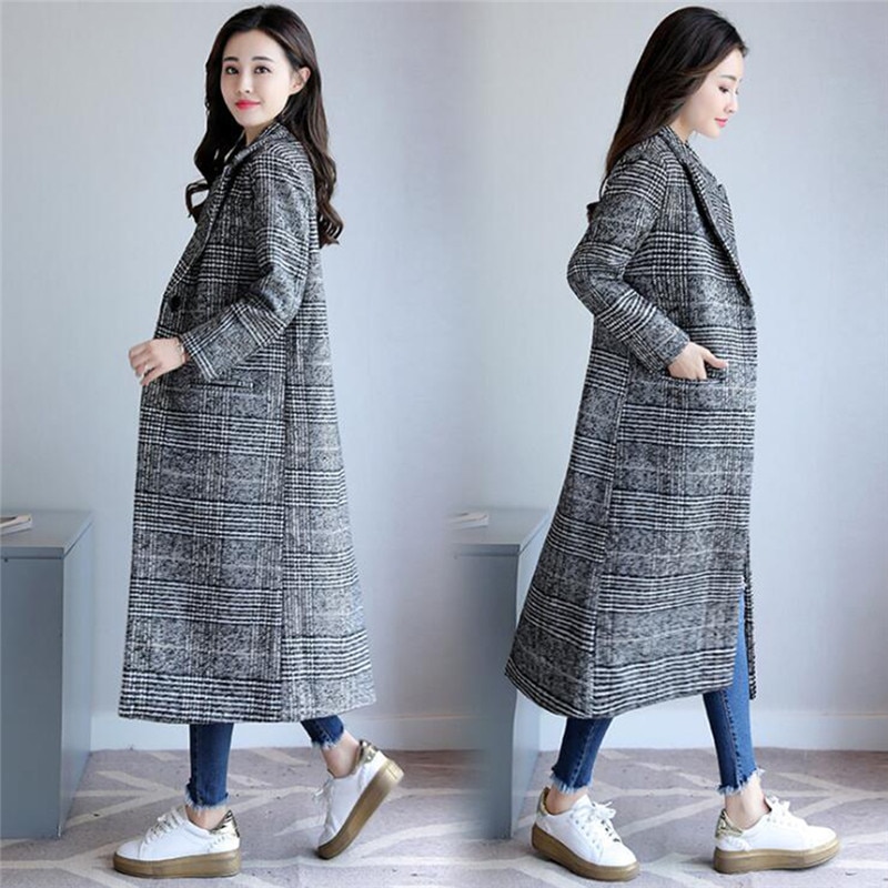 2021 primavera outono das mulheres de lã xadrez casaco clássicos feminino solto longo único breasted casacos fino feminino inverno poliéster jaquetas