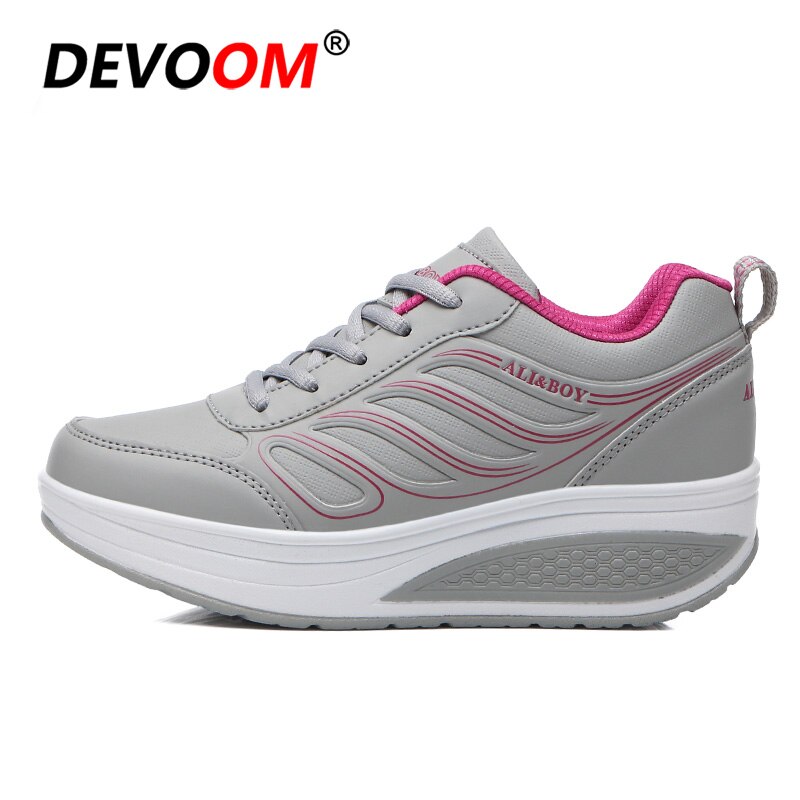 Swing Toning Shoes Women weight loss Platform Fitness Shoes Ladies Leather Sport Platform Wedge Slimming Shoes Sneakers Women: Gray / 8