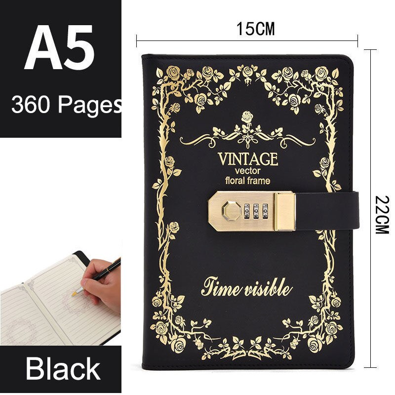 Password Lock Notebook A5 360 Pages Diary Notebook B6 300 Page Students Secretly Keep Notebook Diary Hand Ledger: A5 Black