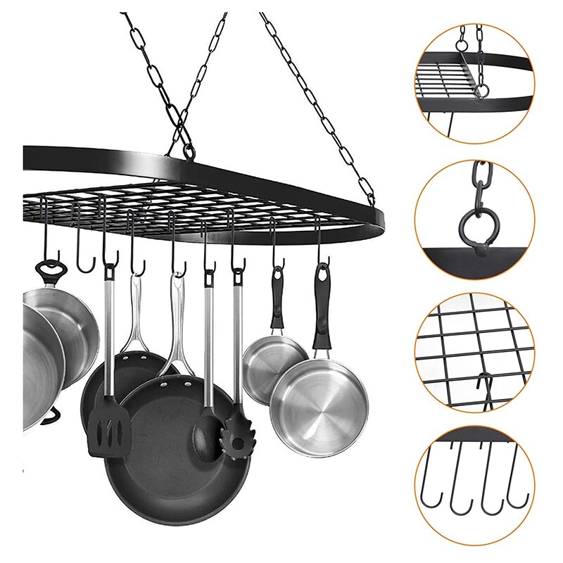 Big Hanging Pot Pan Rack for Ceiling, Ceiling Mounted Cookware Hanger Organizer with 10 Hooks for Home Kitchen Household