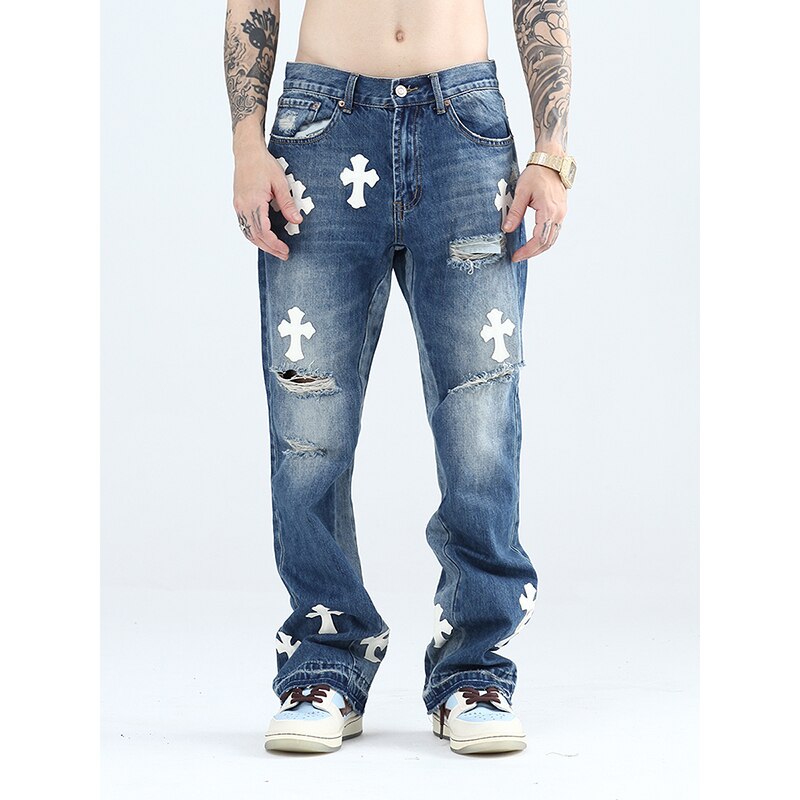 Pantalones vaqueros rasgados para hombre y mujer, ropa urbana de retales de cuero PU con costuras cruzadas, Micro acampanados, estilo Hip Hop