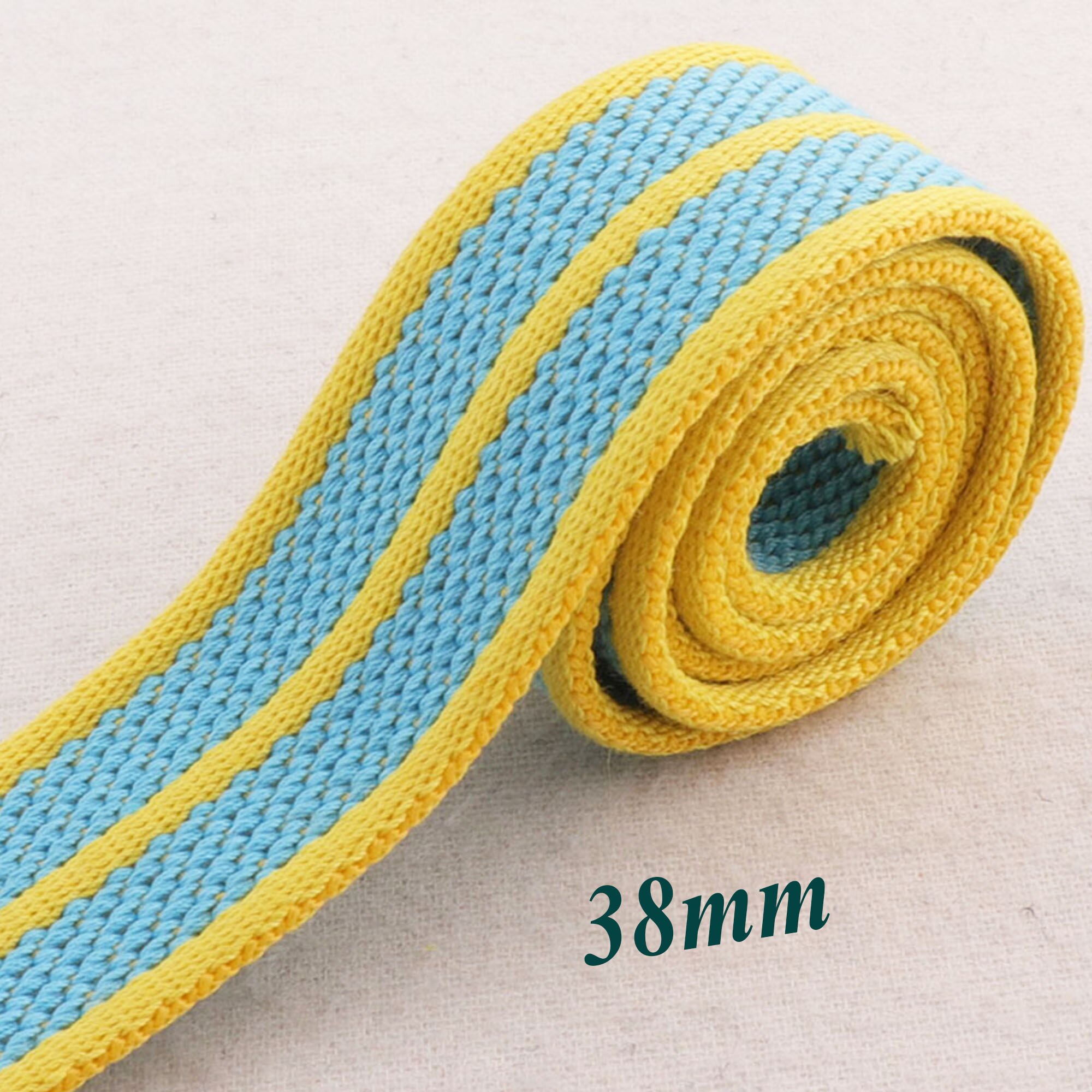 1 Correa rayada amarilla y azul de 1/2 ", cinta con borde amarillo, bolso, correas para bolso, bolsos, cinturones, bolsa con cinta, asa para correa de aros de hebilla (38mm)