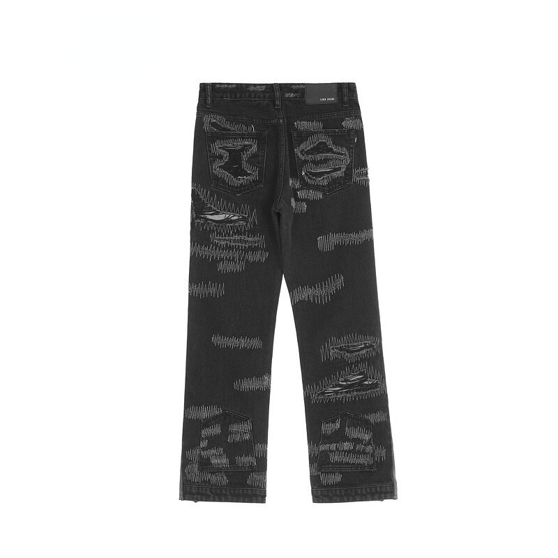 High Street Patchwork Jeans Men Black Hip Hop Streetwear Punk Denim Pants Harajuku Oversized Ripped Straight Loose Trousers