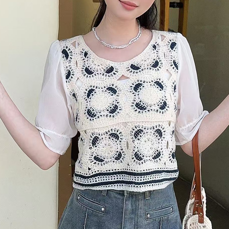 Heklet topp for kvinner chiffong halvermet broderi åpen strikket bluse topper sommer bohemsk chic strandantrekk: Brun