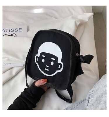 Adolescentes moda caráter padrão mini bolsa de lona alça larga bolsa de ombro para mulheres estilo japonês aleta casual sacoche homme: Black