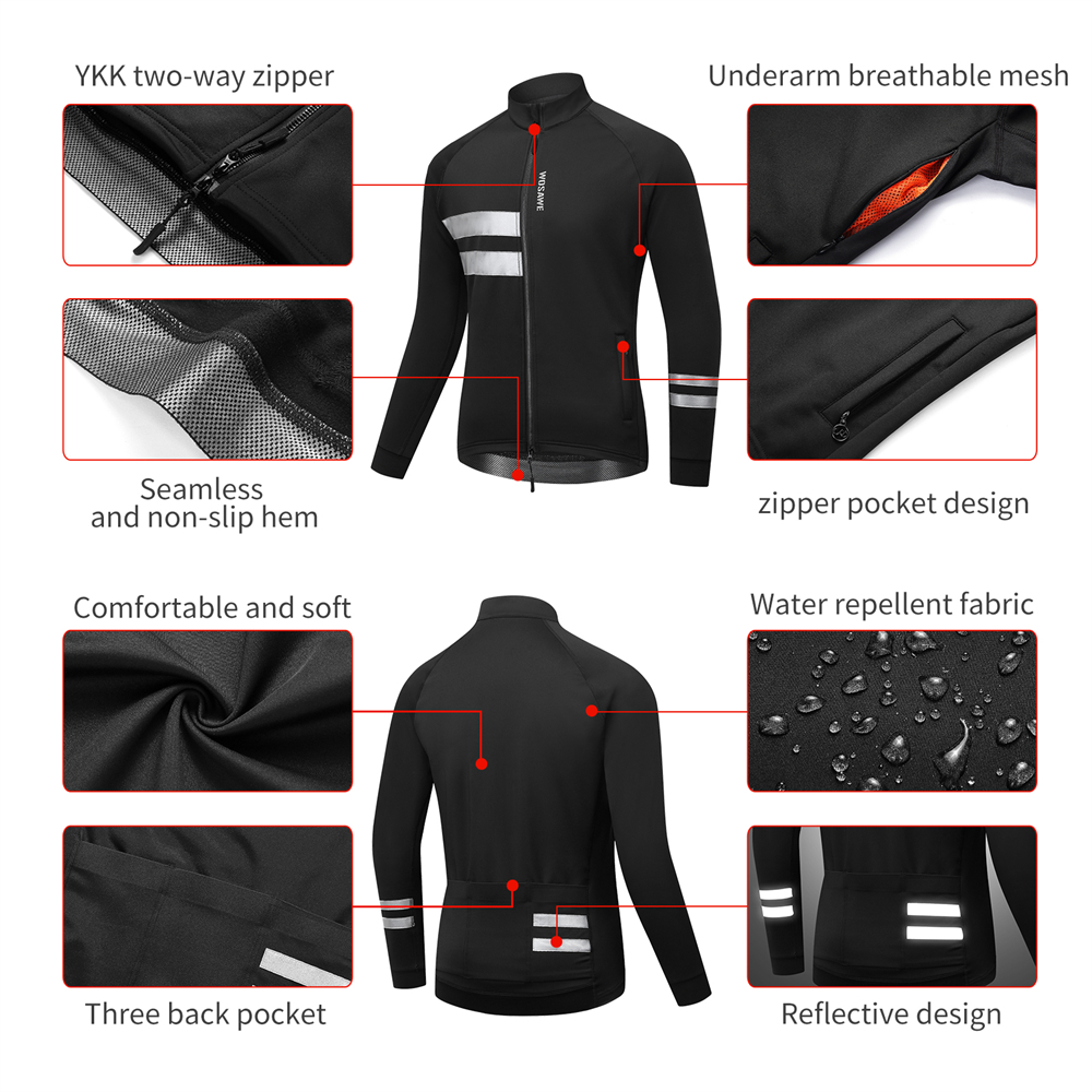 WOSAWE Men's Cycling Jacket Winter Bike Jackets Thermal Fleece Windproof Water repellent Bicycle Clothes Reflective with YKK zip