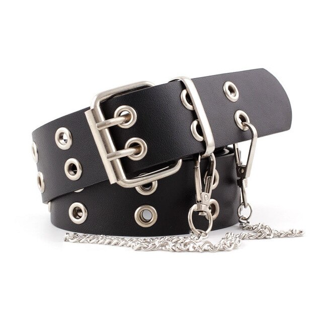 Gold Metal Double Pin Buckle Chain Women Belt PU Leather Punk Luxury Brand Waist Strap Belts for Jeans: 3.8cm black chain