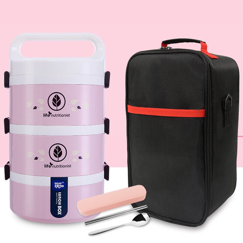 Micro-ondes étanche boîte à déjeuner en plastique enfants récipients de stockage des aliments en acier inoxydable boîte à déjeuner Bento Thermo isolé thermique japon: 3 Layer Pink