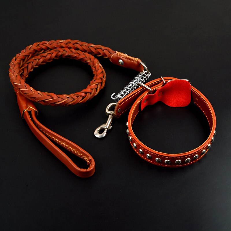 Dog Collar Spring Leather Leash Small Medium Large Dog Accessories Lead For Training Control Handle Strength Go Street Walking