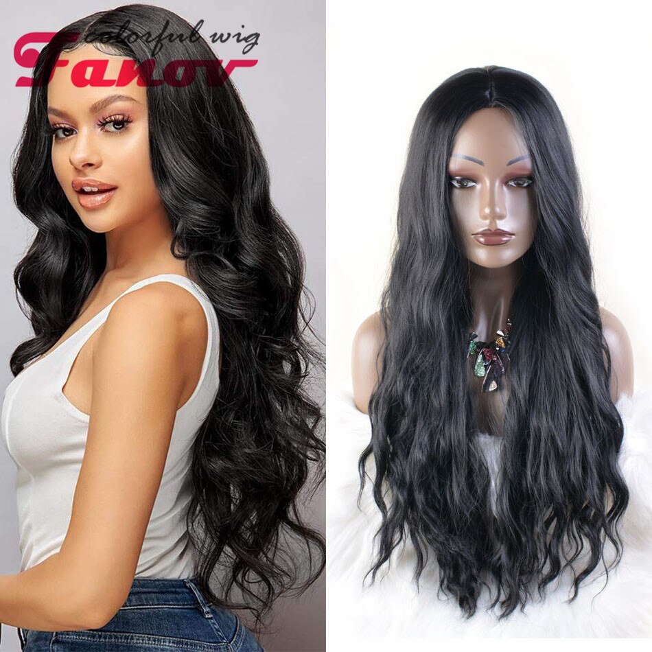 Perruques bouclées longues perruque ondulée noire pour les femmes 26 pouces partie moyenne synthétique résistant à la chaleur cheveux femmes perruque pour Cosplay Costume quotidien