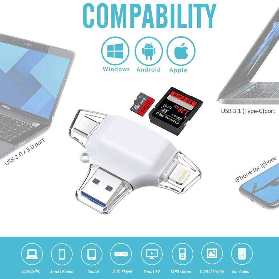 Lector de tarjetas Micro SD 4 en 1 tipo C, adaptador Lightning para iPhone, Android, iPad, MacBook, USB, OTG, extensión de teléfono