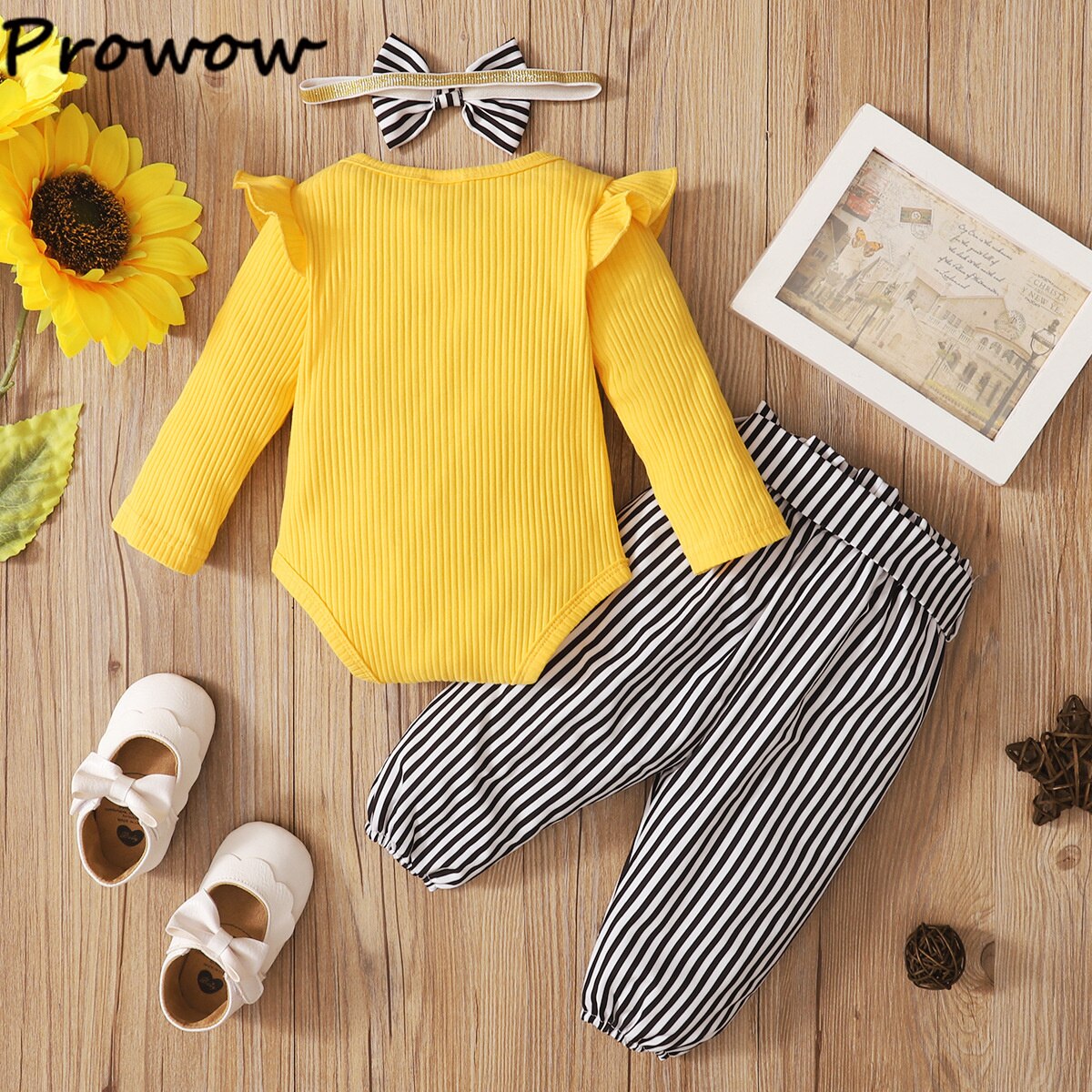 Prowow 0-12m neugeborenen-mädchen-kleidungsset, gestrickter strampler mit buchstabenprint + geblümte Schlauch mit schleife + stirnband, frühlings-babykleidungsoutfits