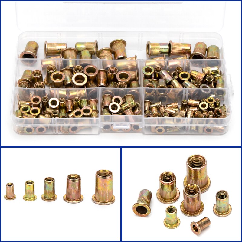 165pcs Zinc Rivet Nuts M3 M4 M5 M6 M8 Flat Head Knurled Zinc Alloy Rivet Nuts Set Multi Sizes Zinc Rivet-Nuts Assortment Kit