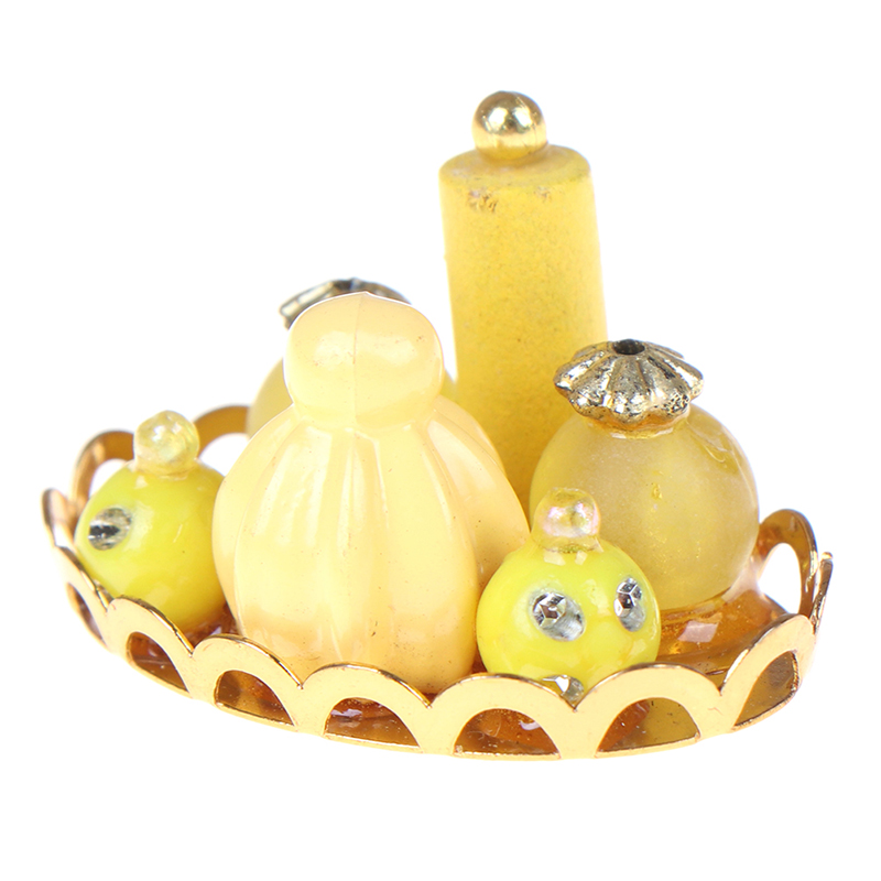 1/12 Miniature Dollhouse Yellow Perfume Bottle with Golden Platter: Default Title