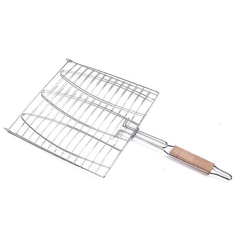 BBQ Fish Grill Net Barbecue Grilling Fish Rack Non-Stick Triple Fish Grilling Basket Wood Handle Barbecue Tool: Beige