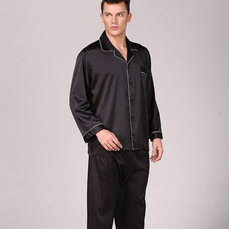 Satin Silk Long Sleeve Pyjamas Set for Mens Traditional Solid Pajamas Set Mens Pajamas pijamas para hombre: black / XXXL