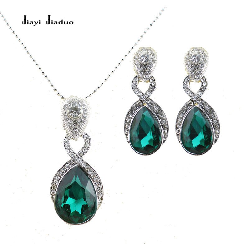 jiayijiaduo Wedding Jewelry Imitation Pendant Necklace earrings set Green crystal Crystal Bridal Jewelry Sets for women