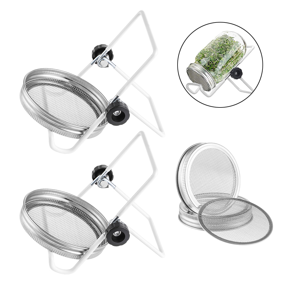 4Pack Sprouting Jar Lid Kit With 2Pack Sprouting Stands For Wide Jars Strainer Screen For Seed Sprouting Stainless Steel