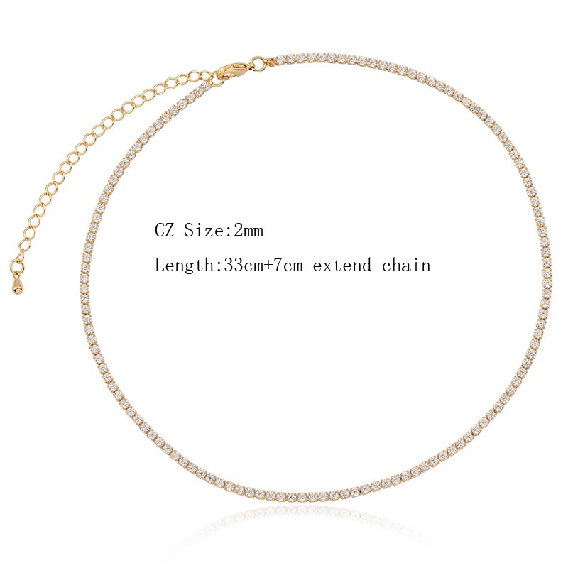Gold Color 1 Row Shiny Colorful Neon Rainbow Iced Out Zircon Charm Thin CZ Tennis Chain 33+7CM Women Choker Necklace: white cz 2.5mm