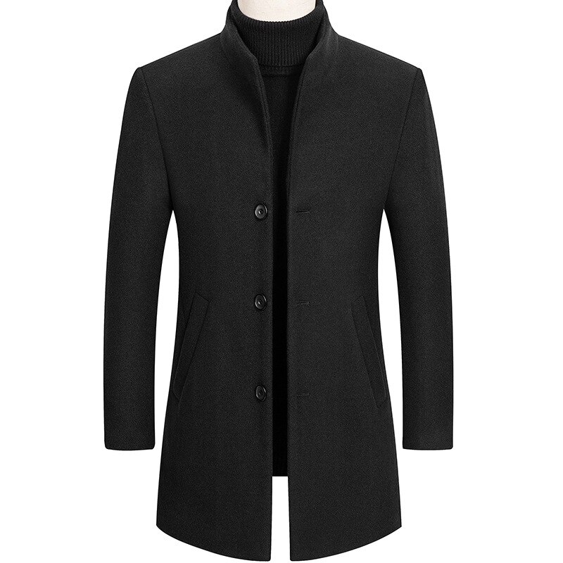 Heren lange wollen jas, heren wollen jas, lange jas, heren windjack, winter herenkleding, herenjassen, heren wollen jas: Zwart / Ik