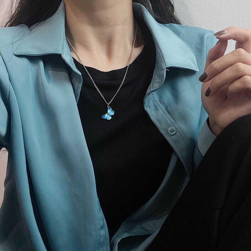 Paars Blauwe Vlinder Hanger Ketting Voor Vrouwen Sleutelbeen Keten Vintage Titanium Wedding Ketting Choker Sieraden