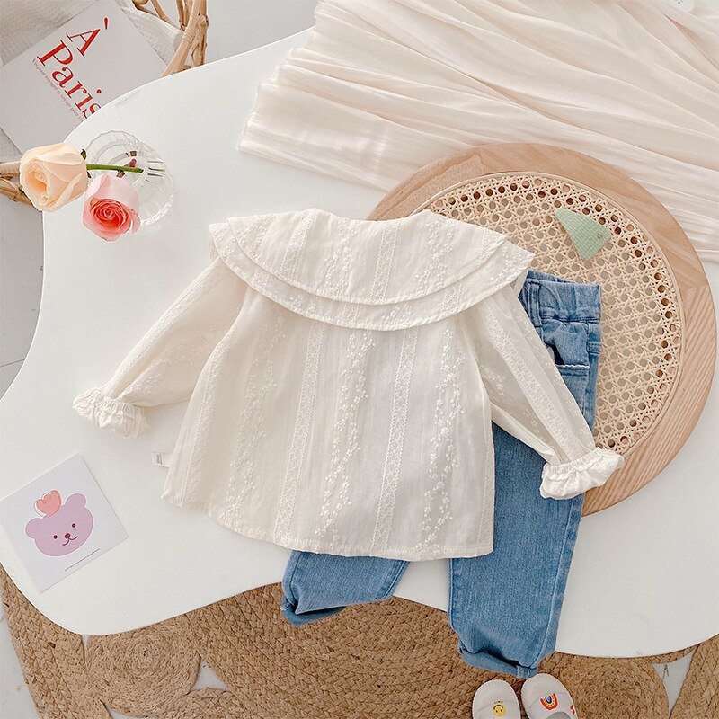 Chemise en coton à manches longues pour fille, chemisier blanc brodé à gros revers, Blouse à volants, chemisier ajouré à fleurs pour enfants