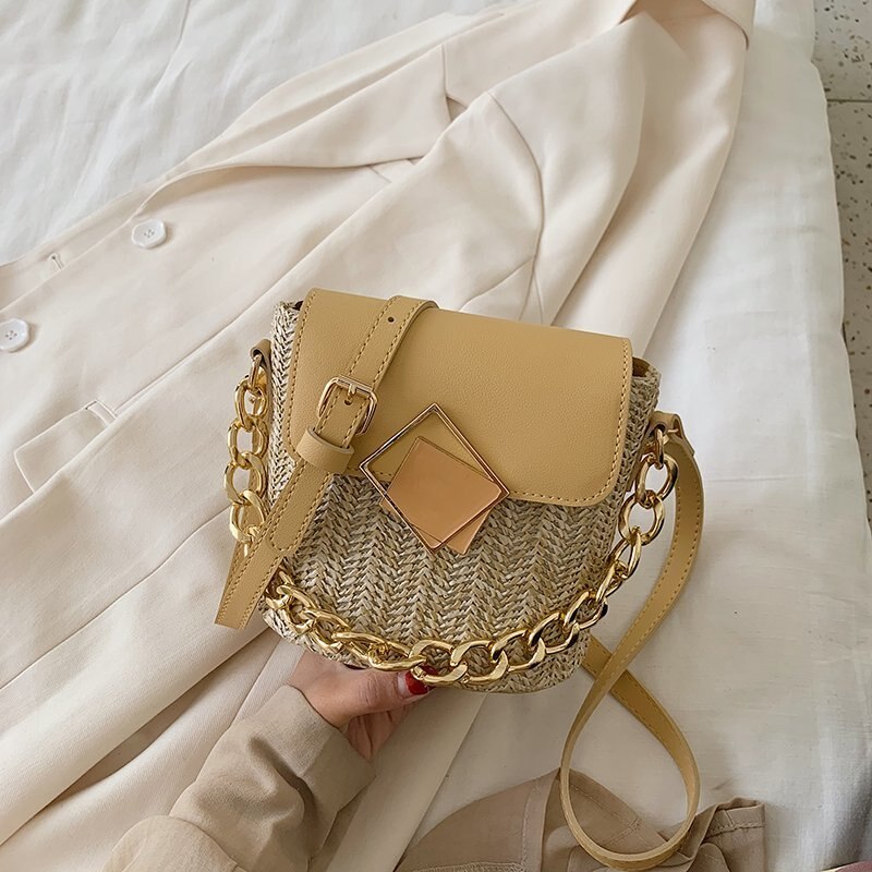 Kleine rieten emmertassen voor dames, zomerse crossbodytassen, reistassen en handtassen voor dames, schoudertassen voor dames: Geel