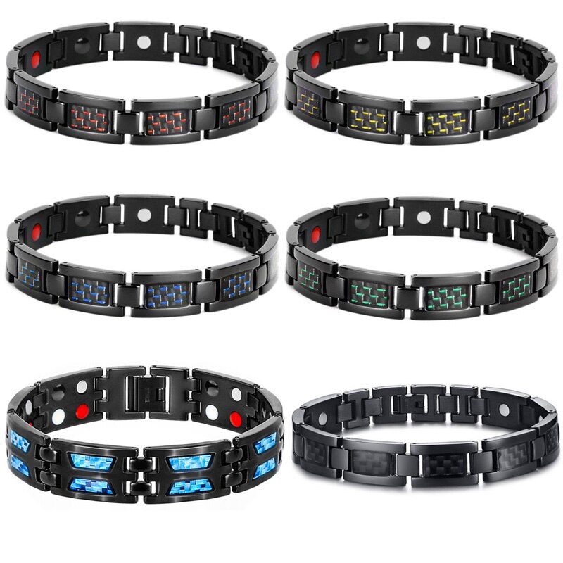 Mens Black Magnetische Armband Roestvrij Staal Energie Germanium Mannen 4 In 1 Armbanden Hand Chain Blue Carbon Fiber Hologram Bangle