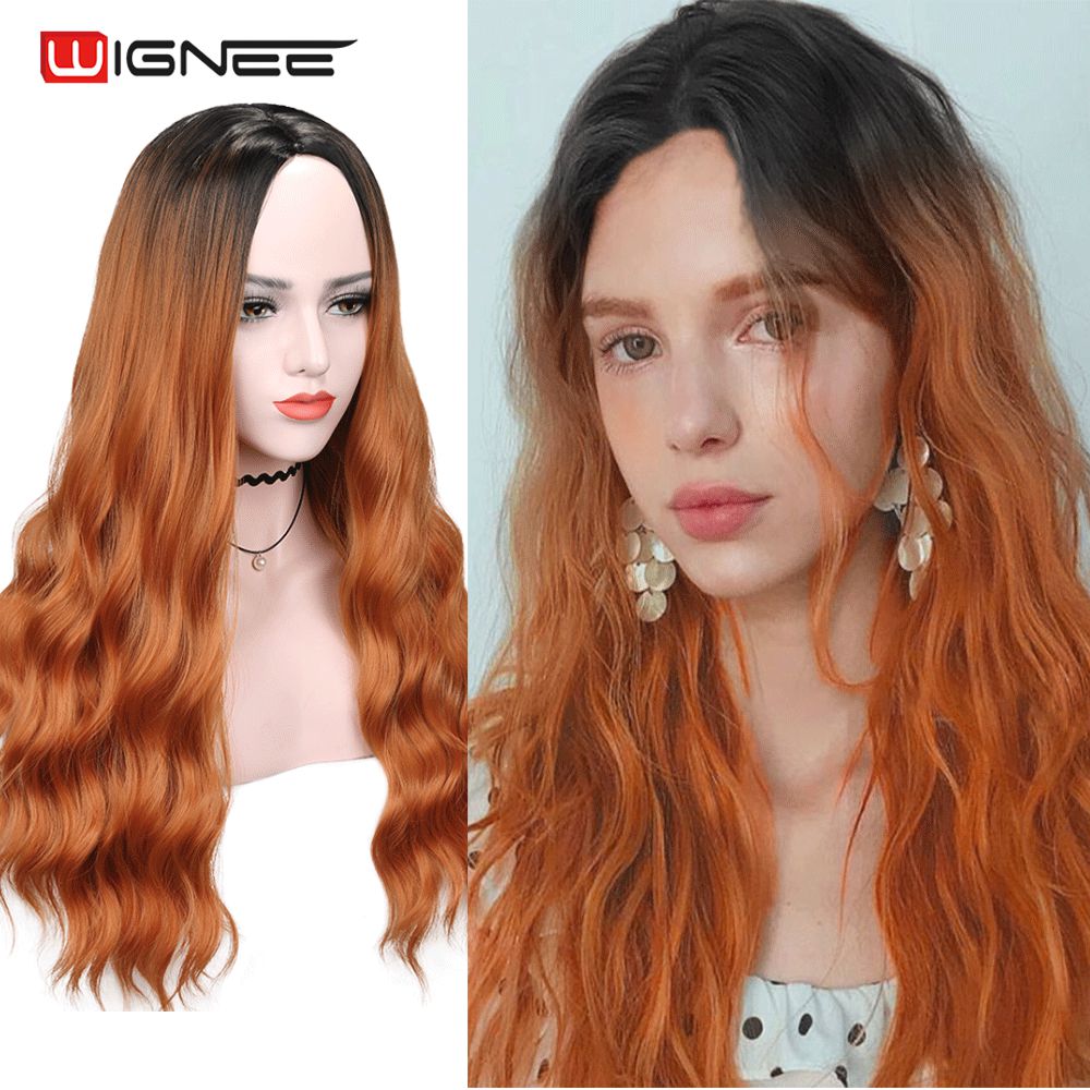 Wignee longo ondulado fibra azul perucas sintéticas parte média resistente ao calor para cabelo natural feminino diário/festa/cosplay party perucas: Laranja
